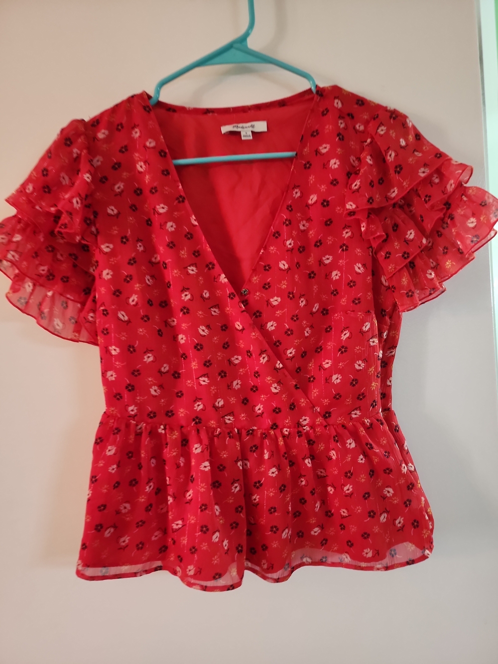 Madewell Red Floral Ruffle Peplum Blouse